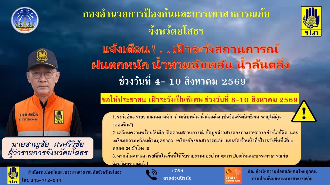 กองอำนวยการป้องกันและบรรเทาสาธารณภัย แจ้งเตือน เฝ้าระวัง ฝนตก น้ำท่วมฉับพลัน ช่วงวันที่ 4-10 สิงหาคม 2569